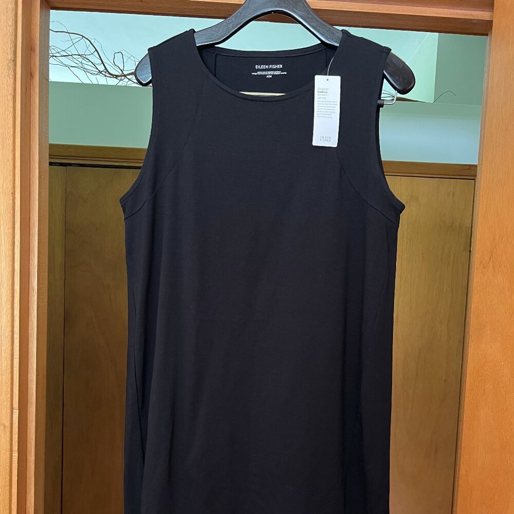 NWT Eileen Fisher Jewel Neck Lantern Dress in Organic Cotton Stretch Jersey